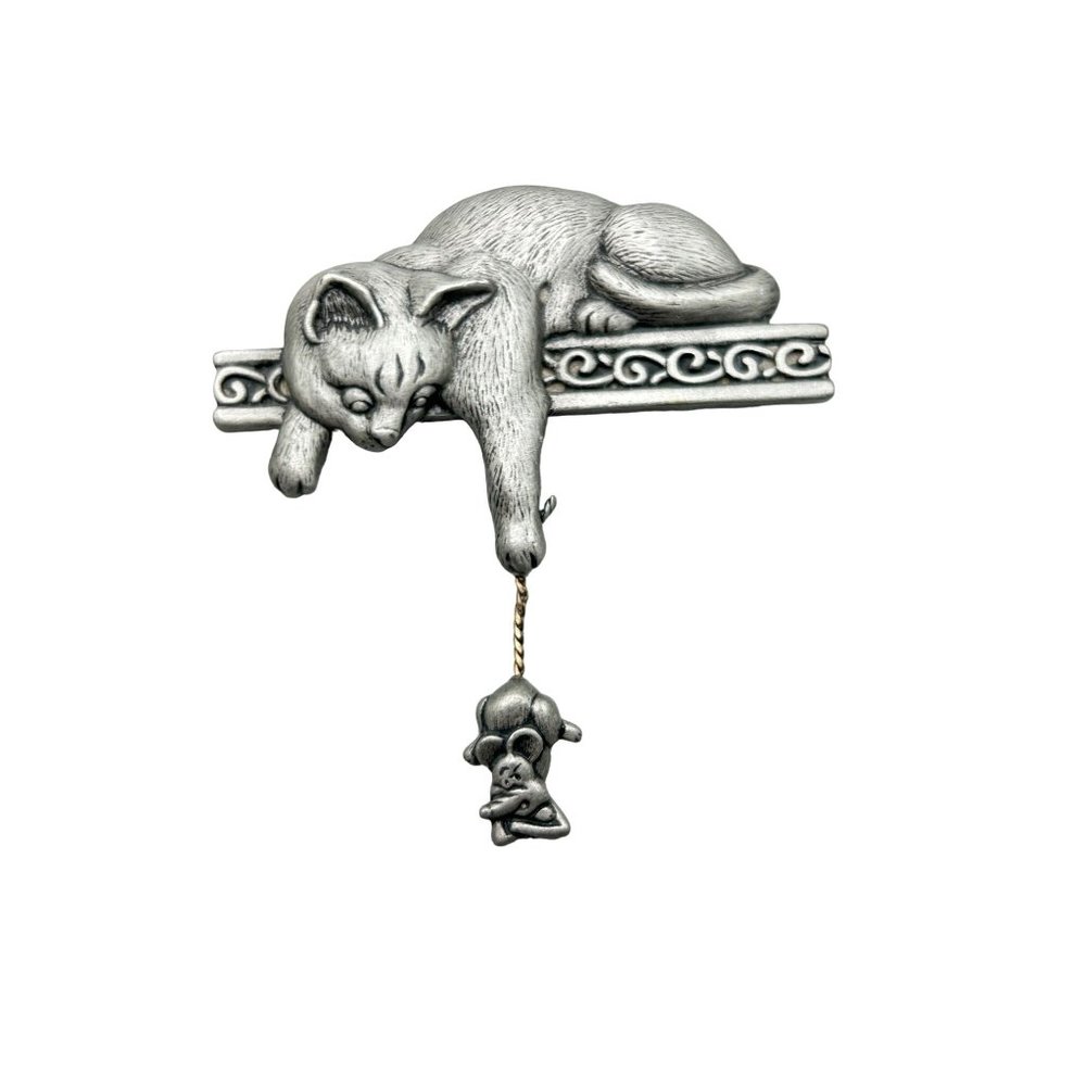 JJ Cat Catching Mouse Pin Brooch Pewter Metal Silver Tone Dangle Figural Pin